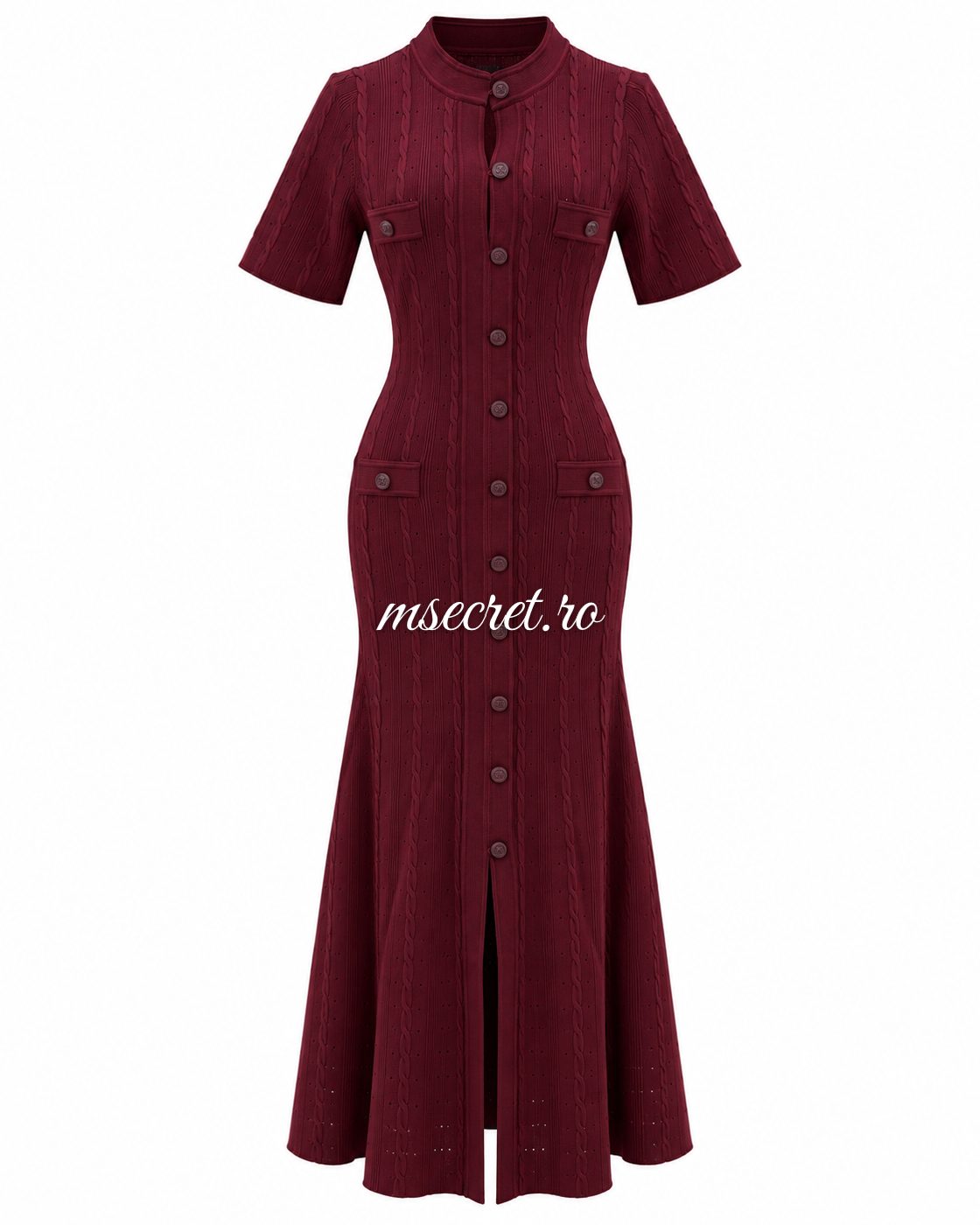Rochie midi bordo din tricot cu nasturi - vedere din fata