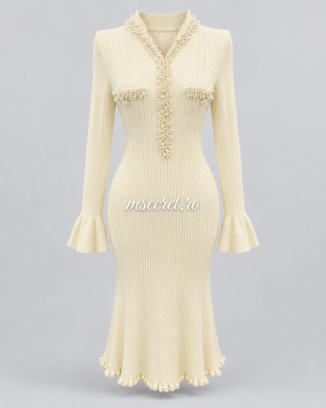 Rochie midi crem din tricot cu perle - vedere din fata