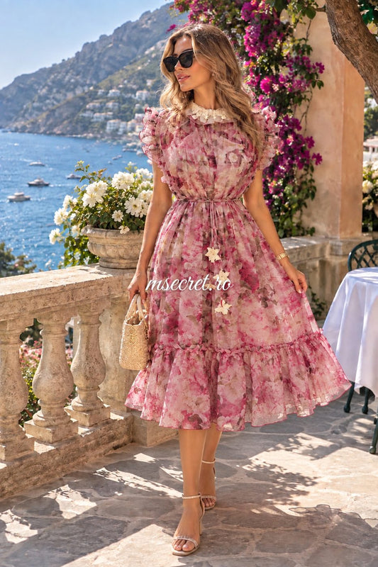 Rochie midi cu imprimeu floral roz si jupa inclusa - pe model