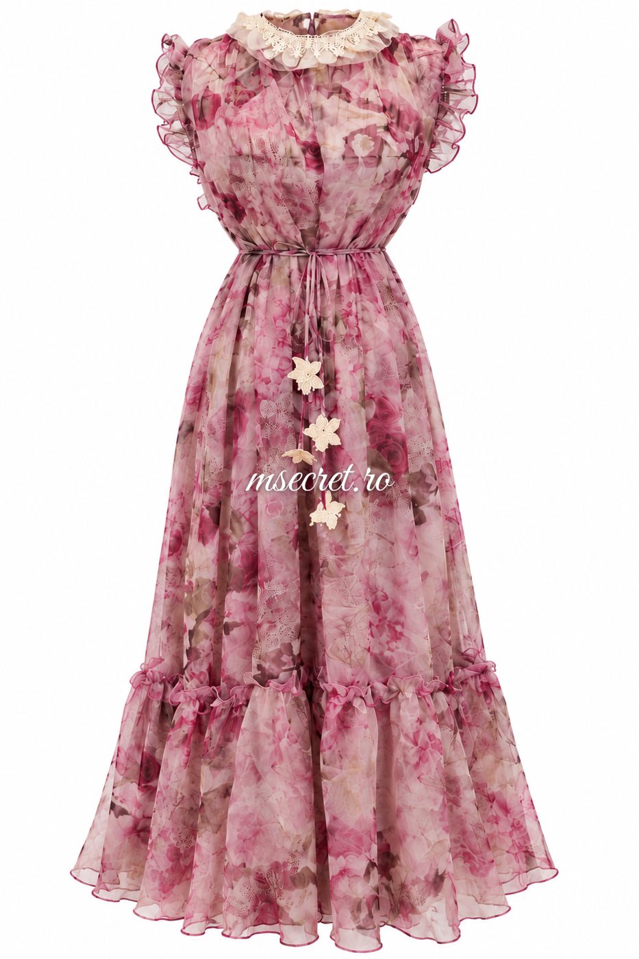 Rochie midi cu imprimeu floral roz si jupa inclusa - vedere din fata