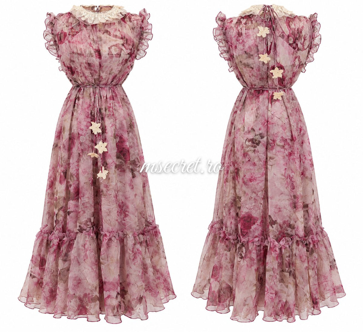 Rochie midi cu imprimeu floral roz si jupa inclusa - colaj