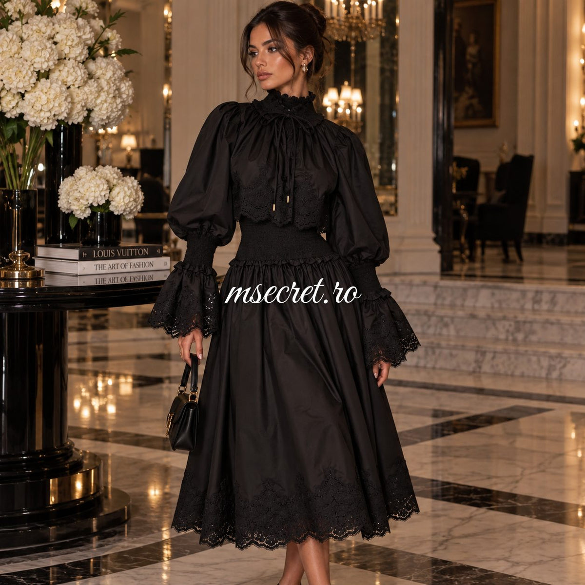 Rochie midi neagra din bumbac cu corset si broderie