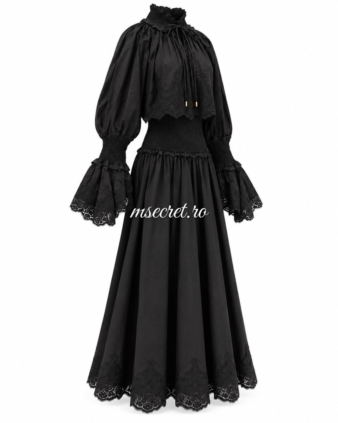 Rochie midi neagra din bumbac cu corset si broderie