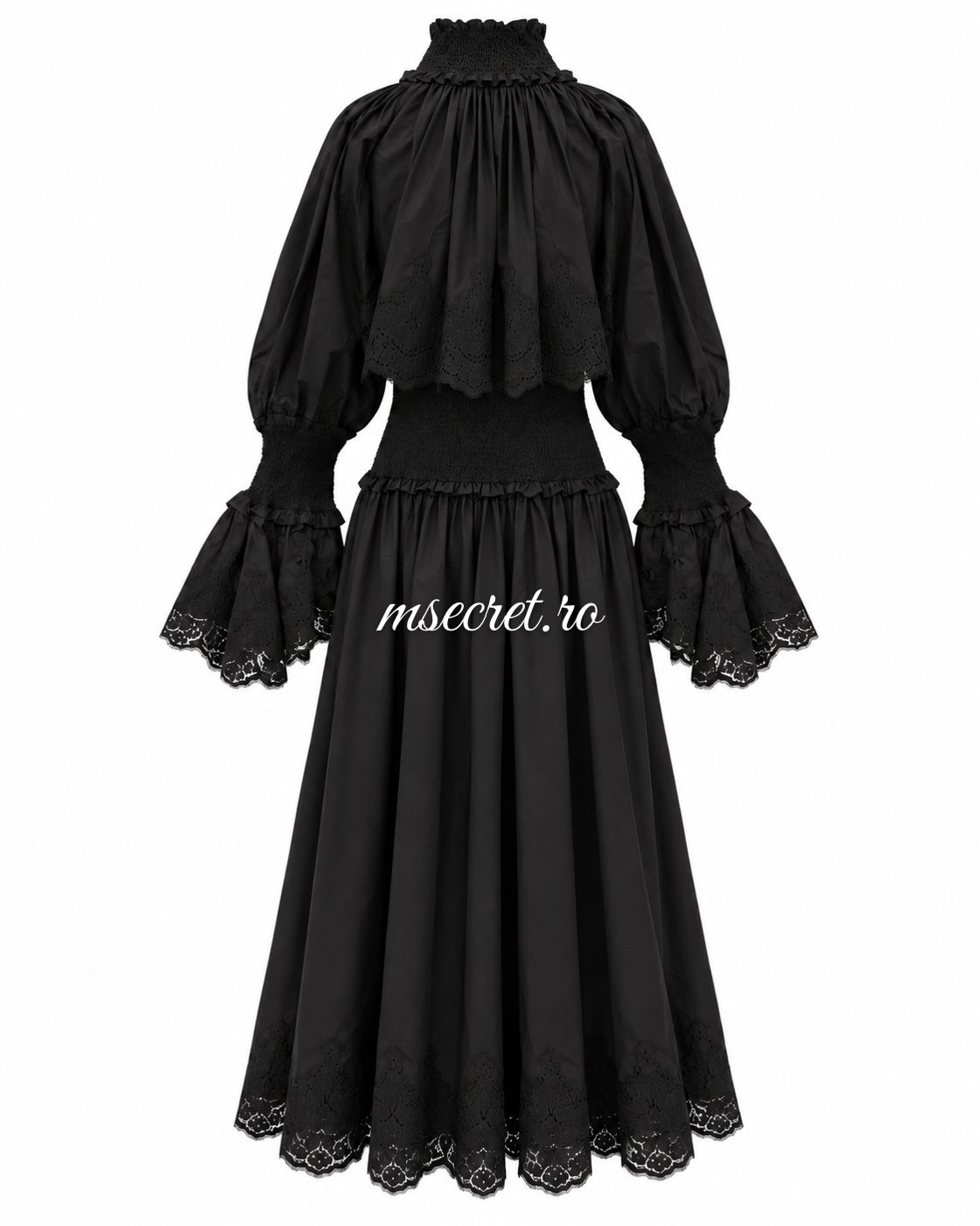 Rochie midi neagra din bumbac cu corset si broderie