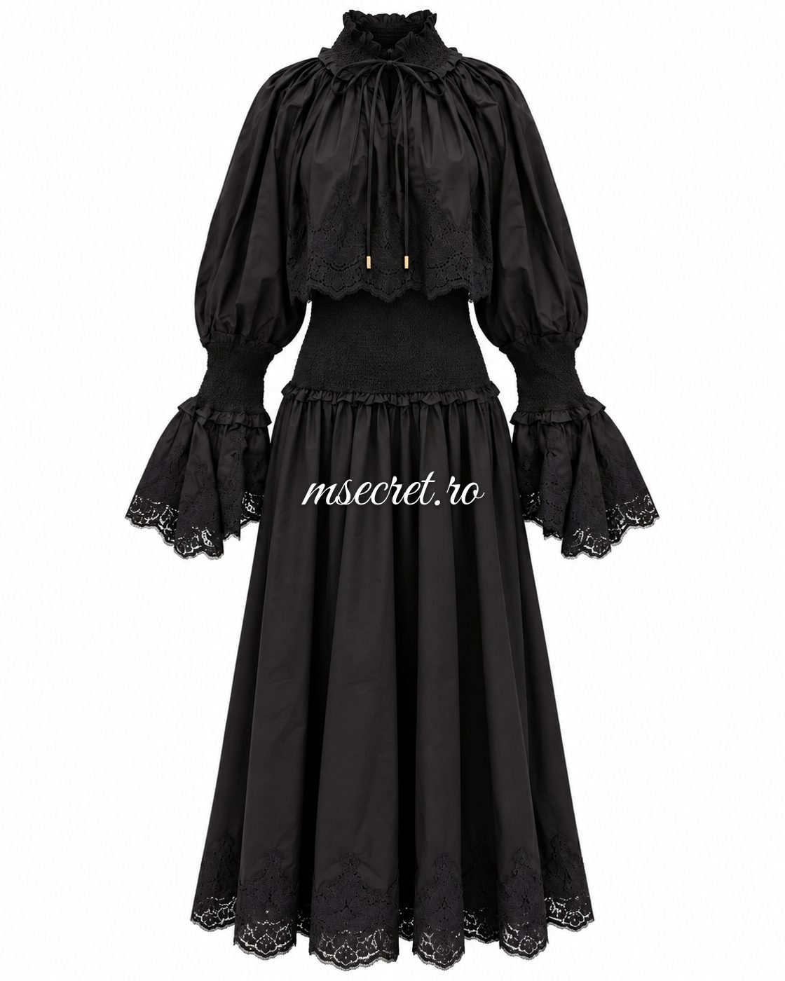 Rochie midi neagra din bumbac cu corset si broderie