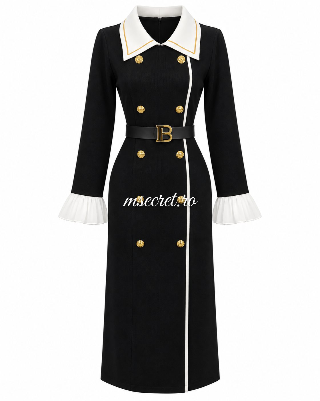 Rochie midi neagra din tricot cu guler alb si curea - vedere din fata