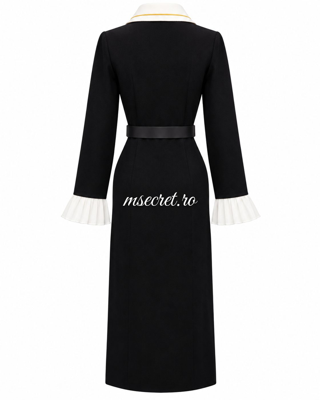 Rochie midi neagra din tricot cu guler alb si curea - vedere din spate