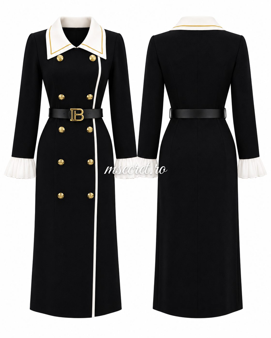 Rochie midi neagra din tricot cu guler alb si curea - fata si spate