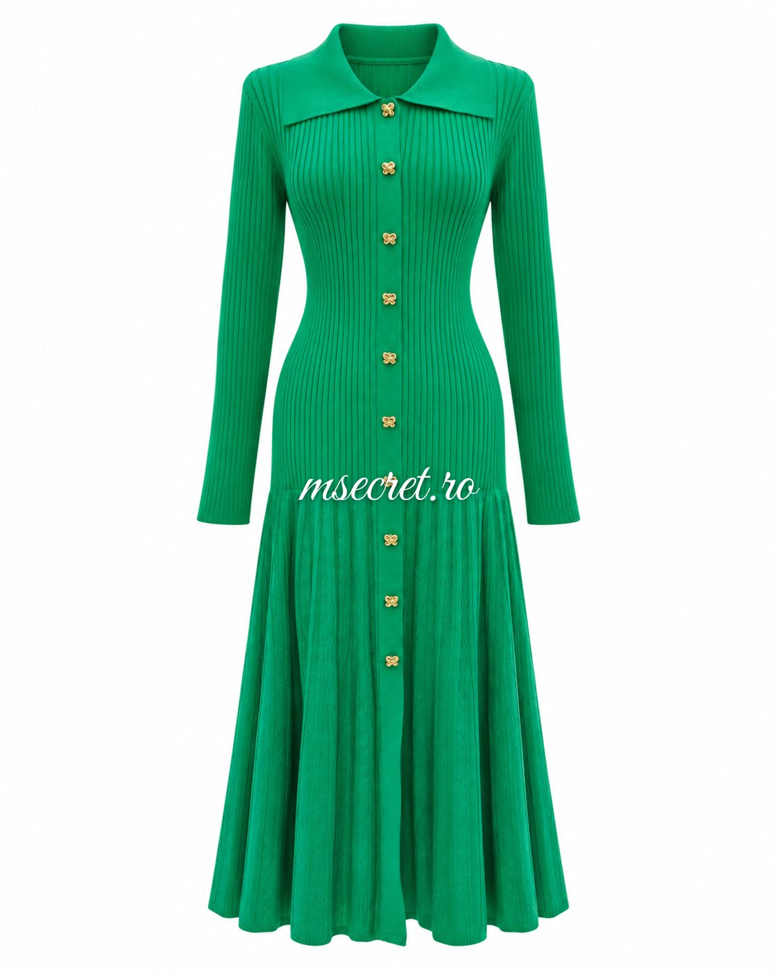 Rochie midi verde din tricot cu nasturi aurii - vedere din fata