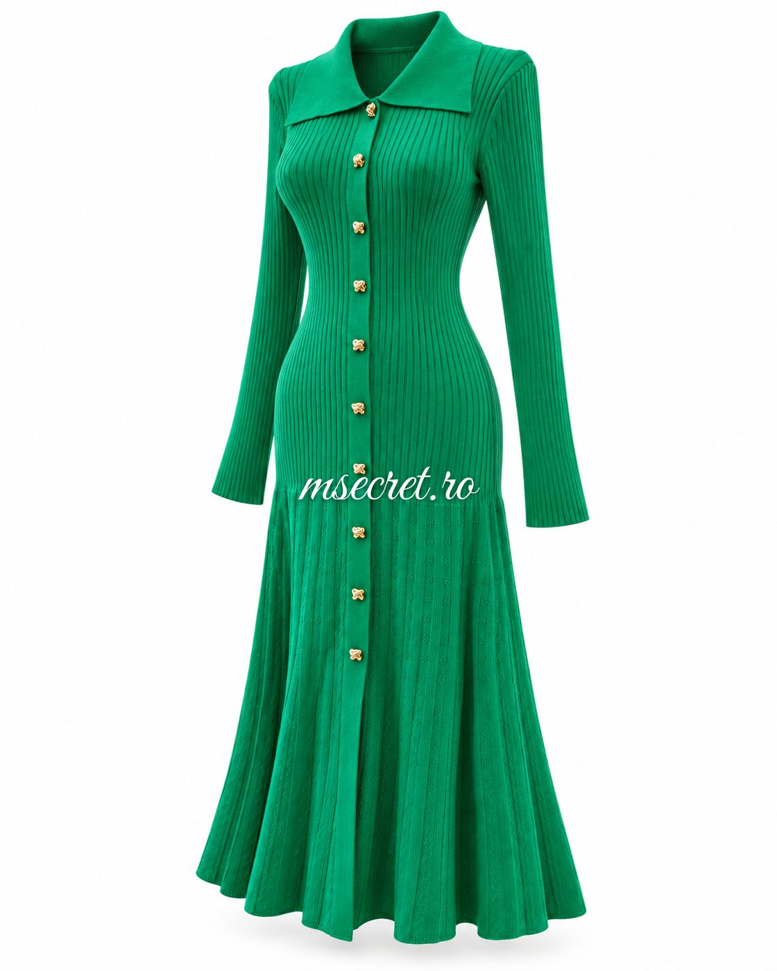 Rochie midi verde din tricot cu nasturi aurii - vedere din lateral