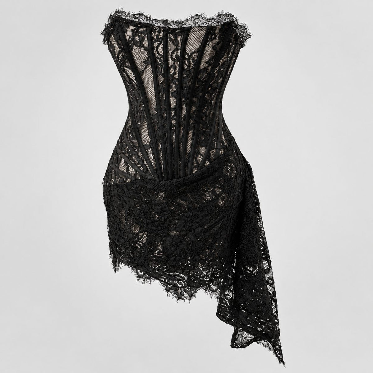 Rochie neagra din dantela cu corset si tiv asimetric