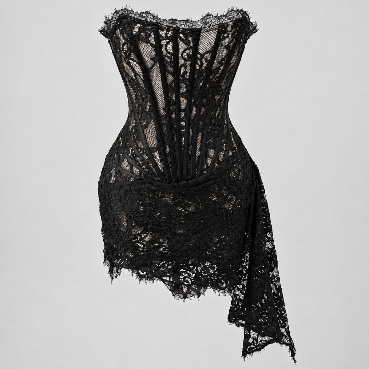 Rochie neagra din dantela cu corset si tiv asimetric
