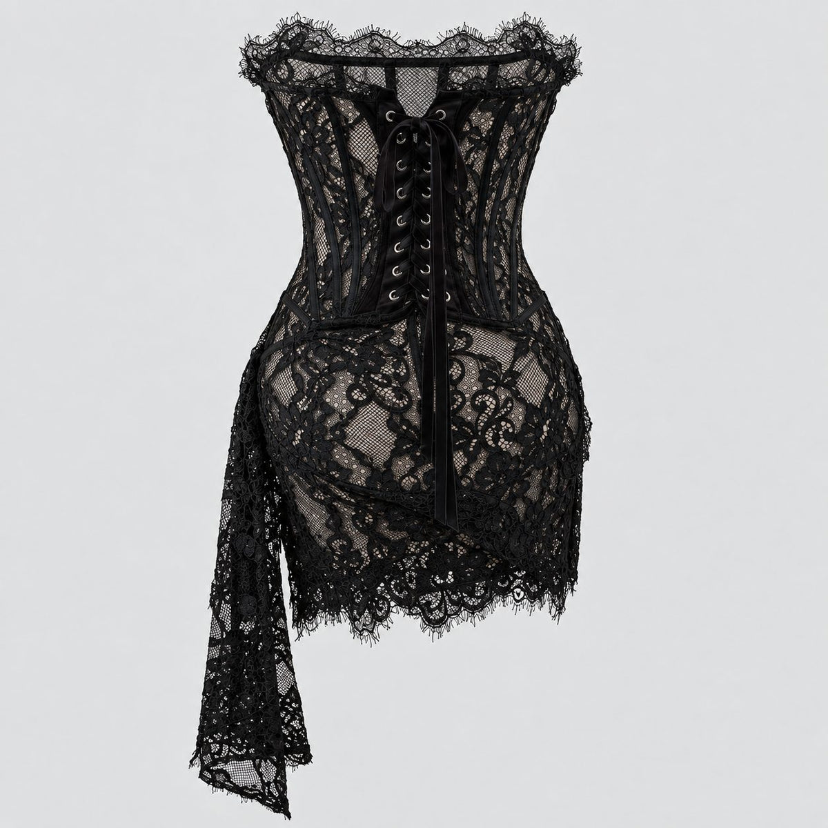 Rochie neagra din dantela cu corset si tiv asimetric