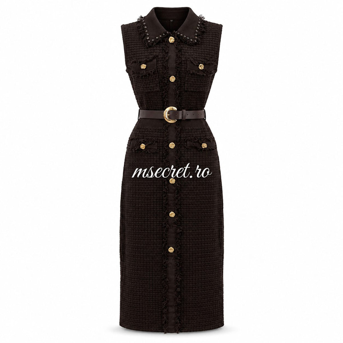 Rochie neagra din tricot cu nasturi si curea - vedere din fata