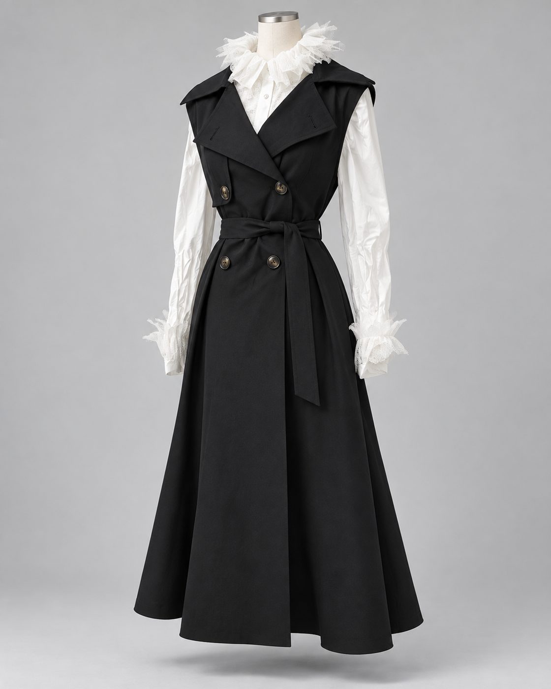 Rochie neagra midi tip trench cu cordon in talie