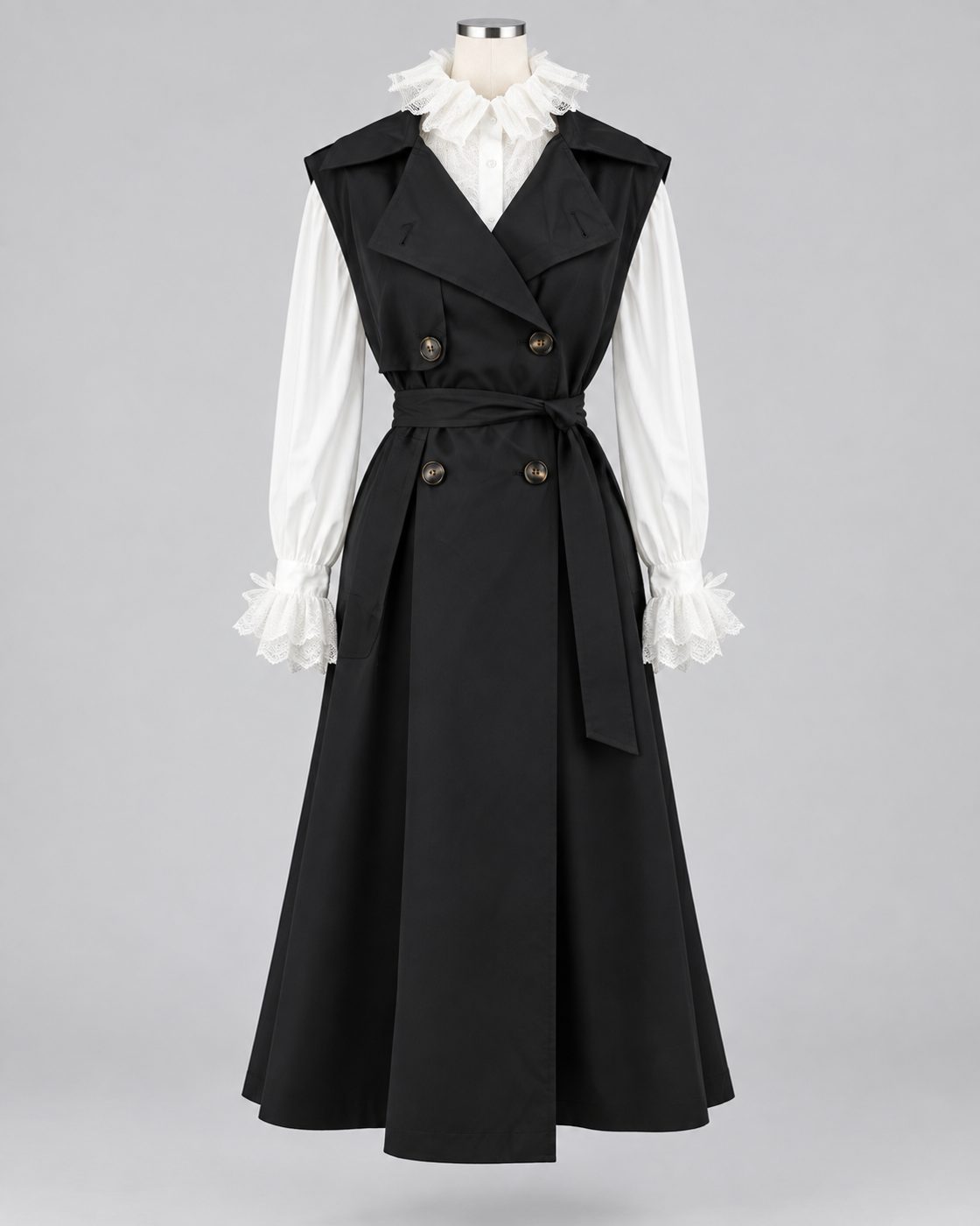 Rochie neagra midi tip trench cu cordon in talie