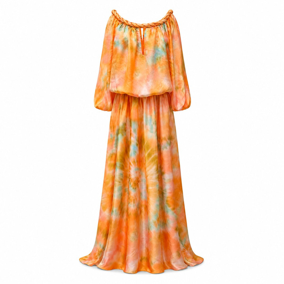Rochie lungă portocalie cu imprimeu tie-dye și umeri goi