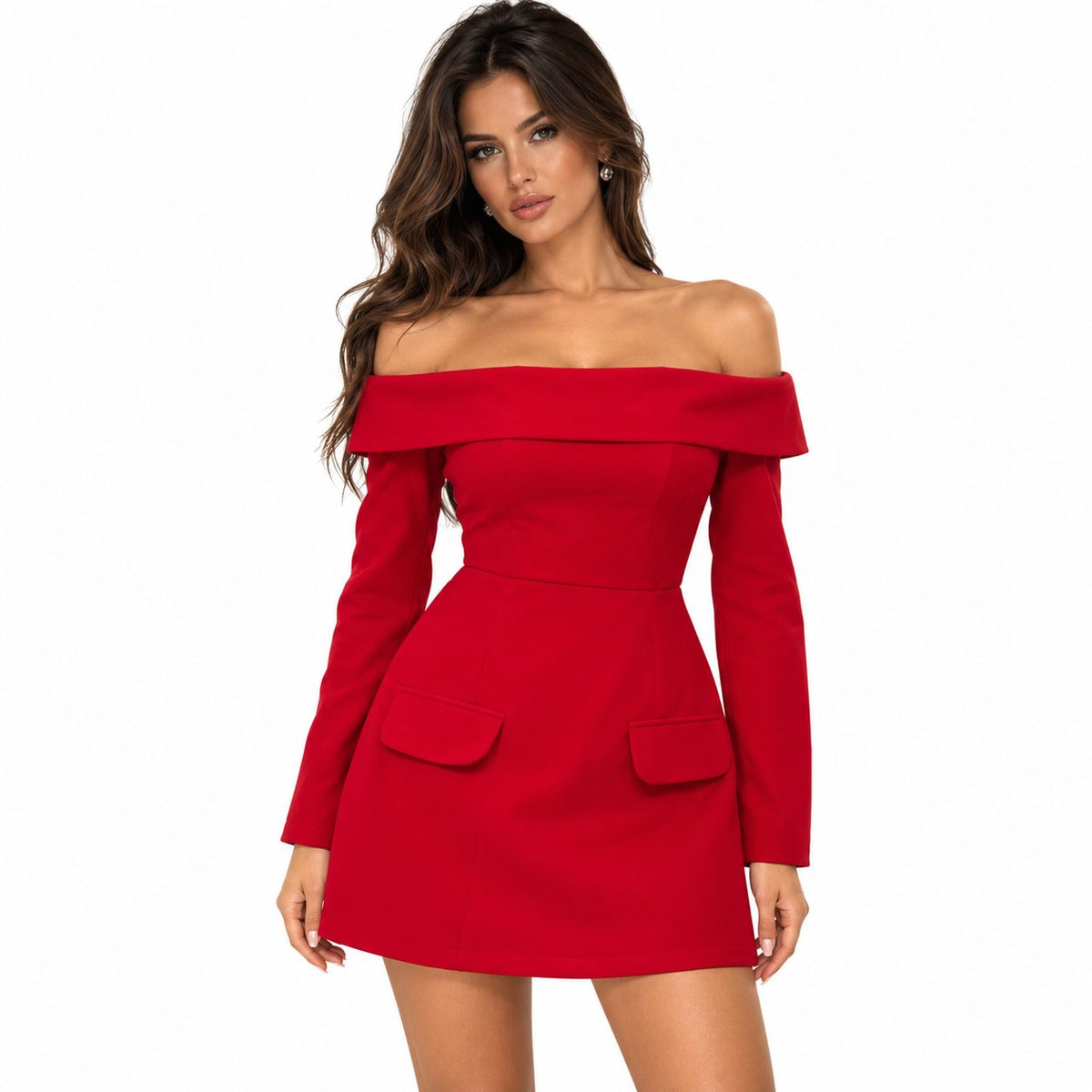 Rochie rosie cu umerii goi si buzunare cu clapa - pe model