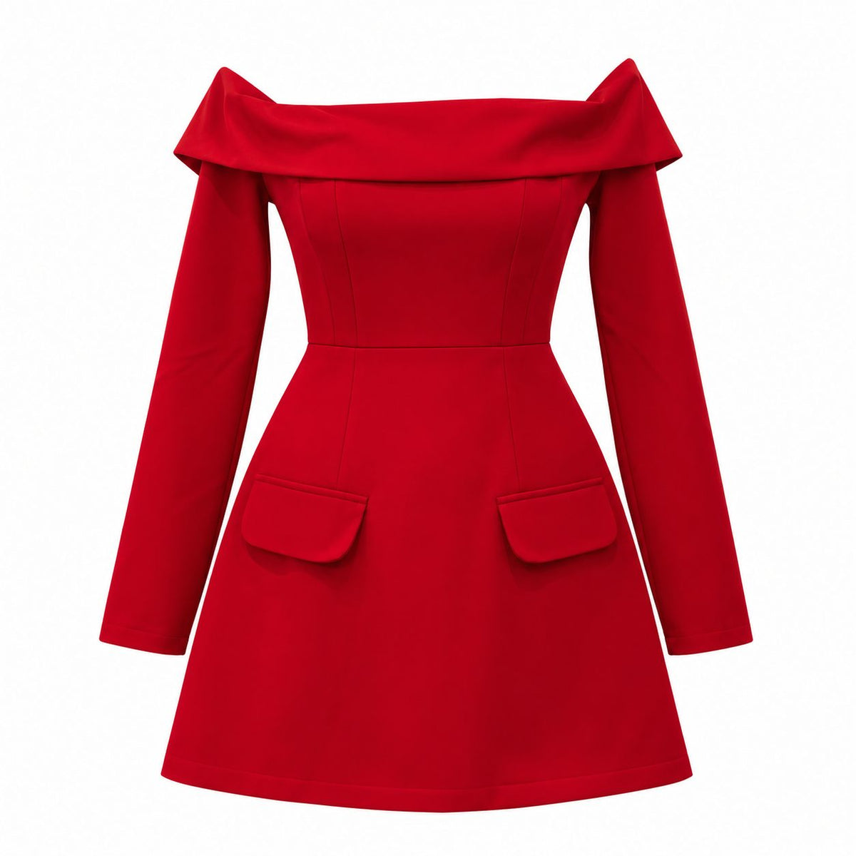 Rochie rosie cu umerii goi si buzunare cu clapa - vedere din fata