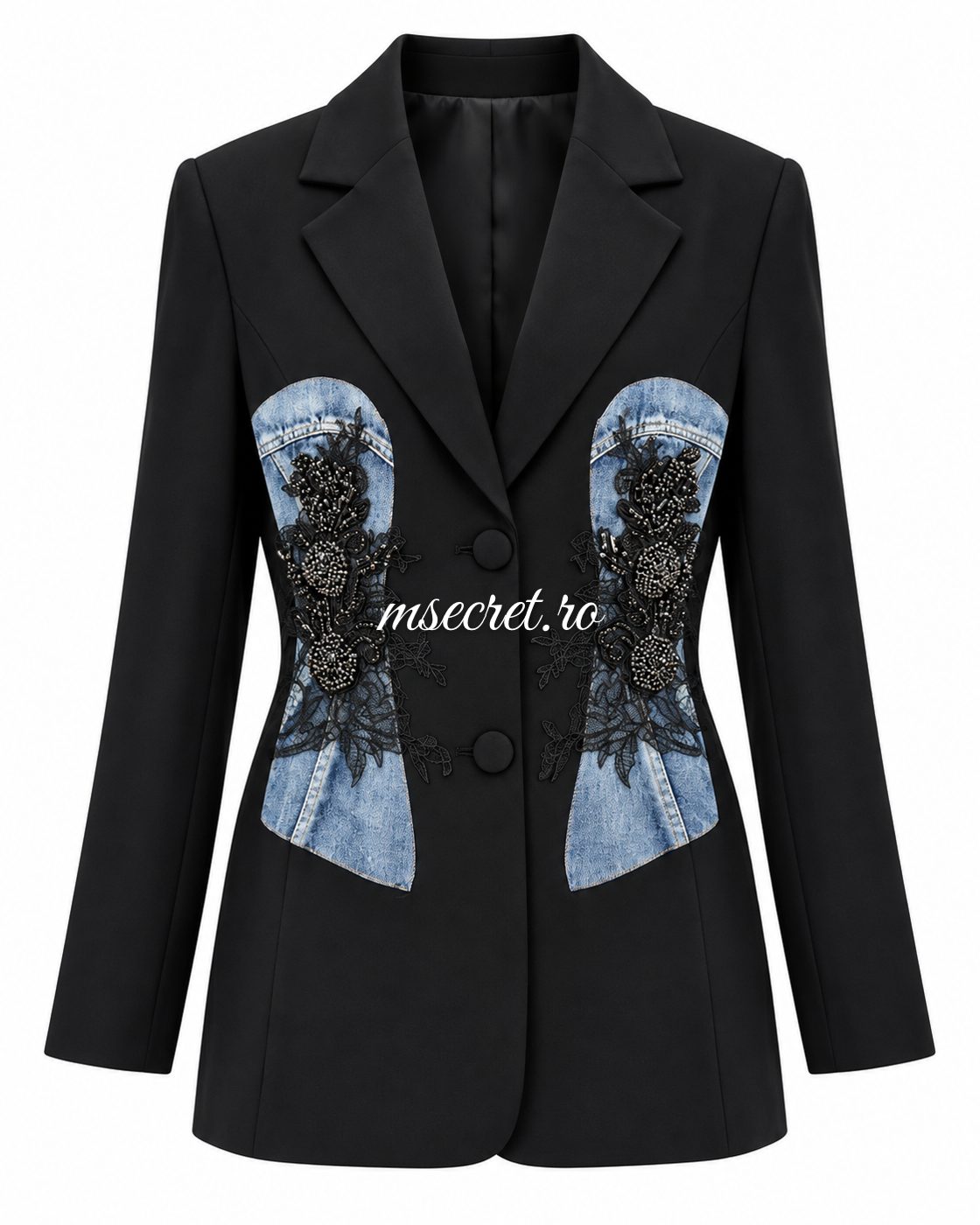 Rochie tip sacou neagra cu corset din denim si dantela - vedere din fata