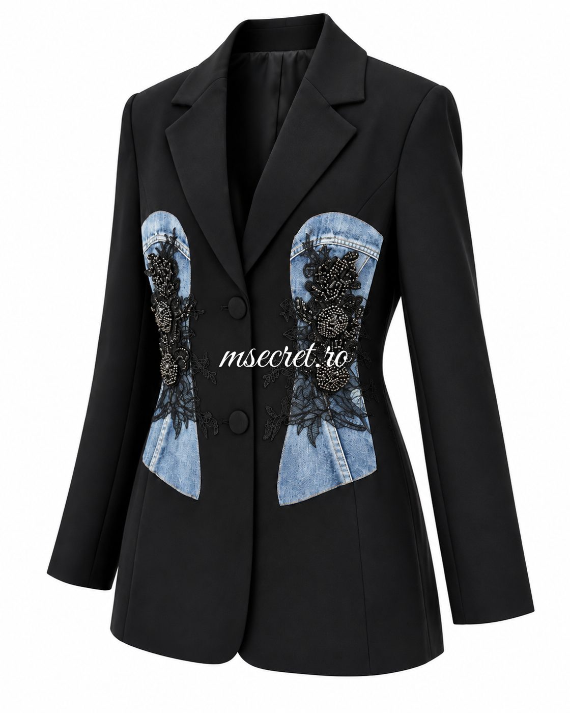Rochie tip sacou neagra cu corset din denim si dantela - vedere din lateral