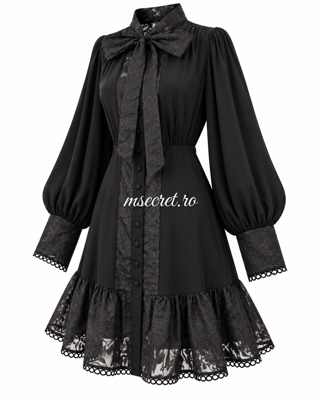 Rochie scurta neagra cu dantela si funda - vedere din fata