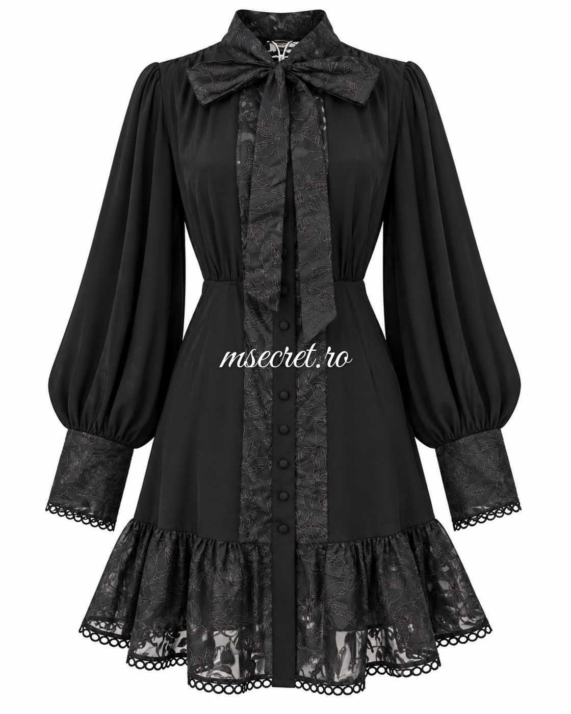 Rochie scurta neagra cu dantela si funda - vedere din fata 2