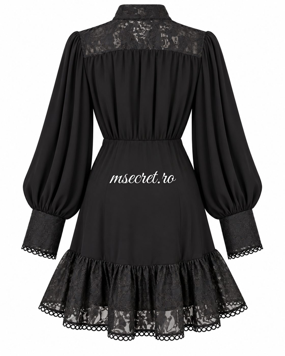 Rochie scurta neagra cu dantela si funda - vedere din spate