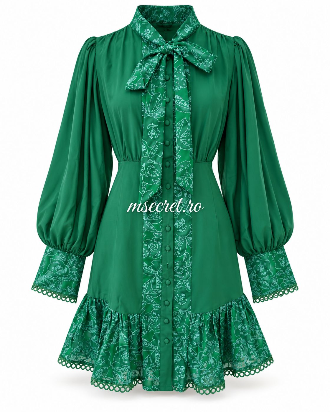 Rochie scurta verde cu dantela si funda - vedere din fata