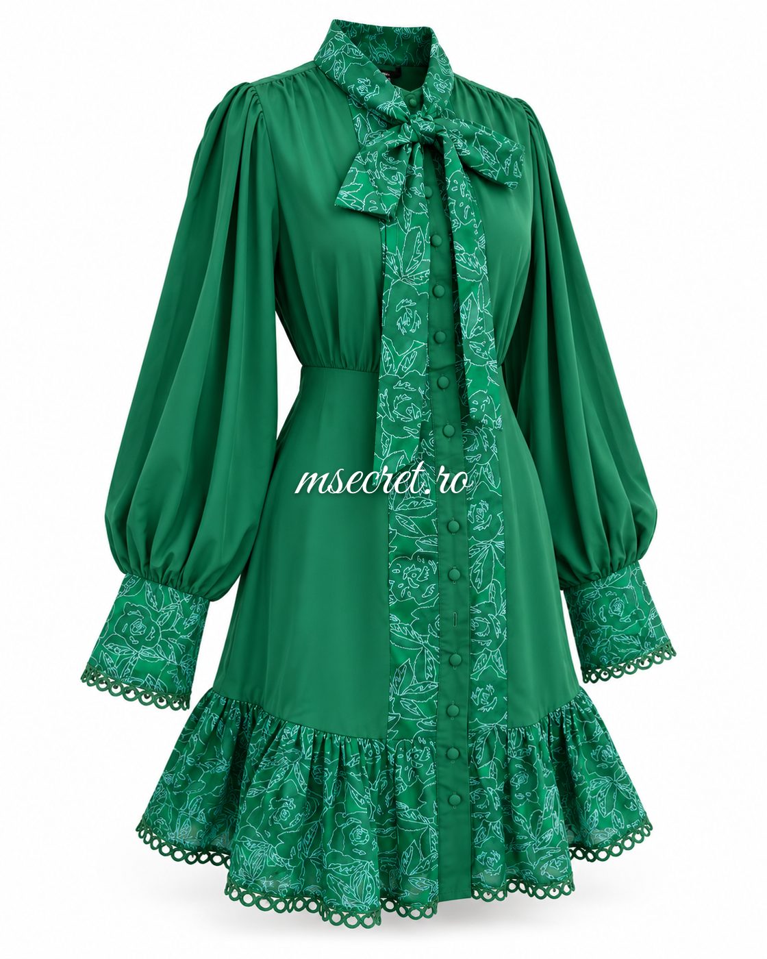 Rochie scurta verde cu dantela si funda - vedere din lateral