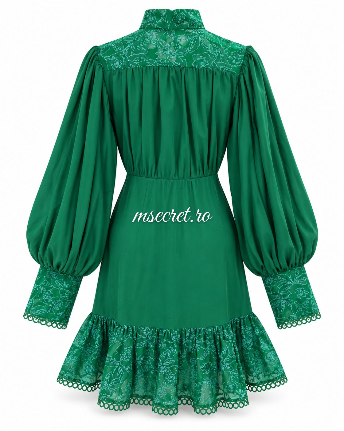 Rochie scurta verde cu dantela si funda - vedere din spate