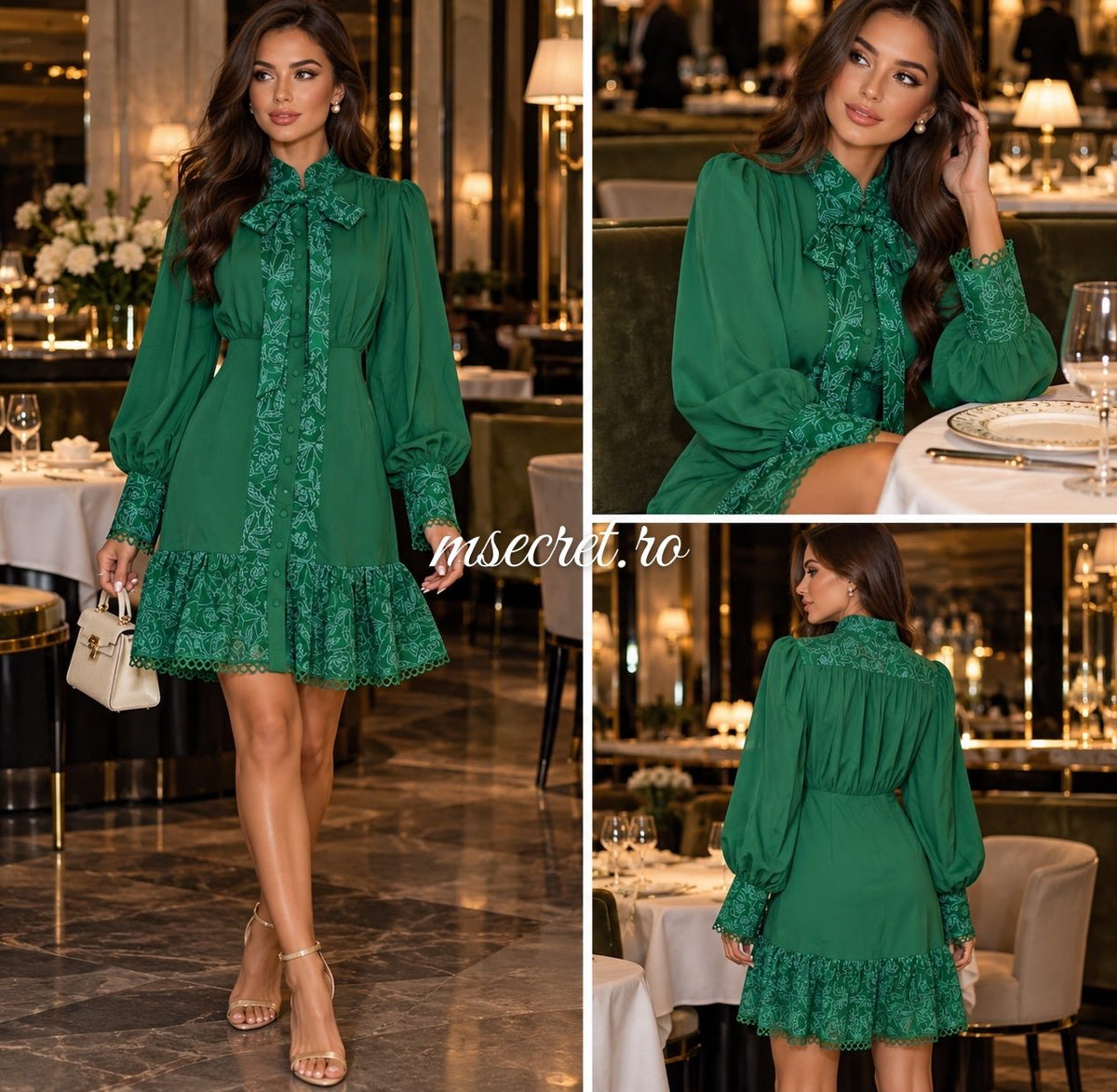 Rochie scurta verde cu dantela si funda - colaj