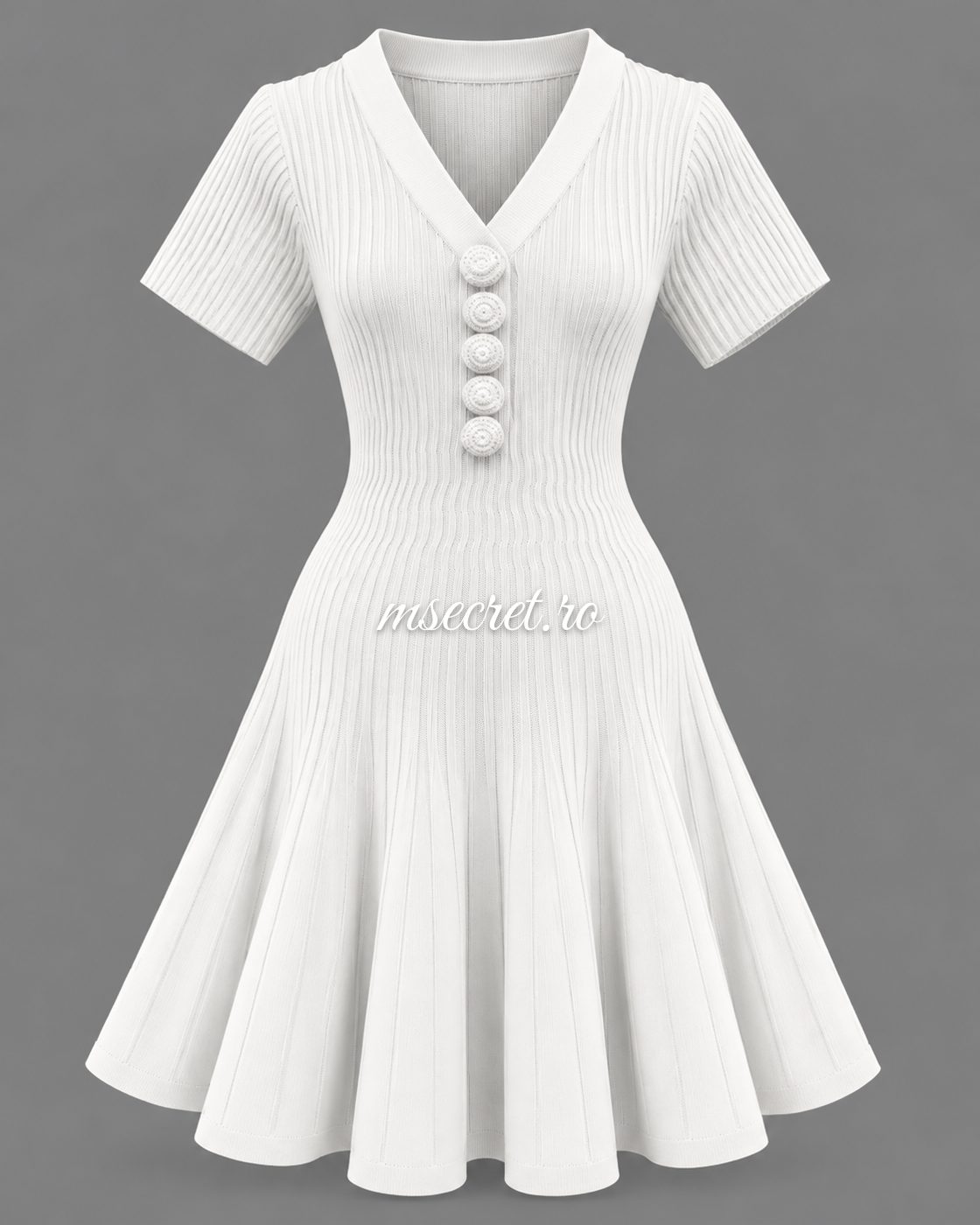 Rochie alba din tricot cu nasturi si fusta evazata