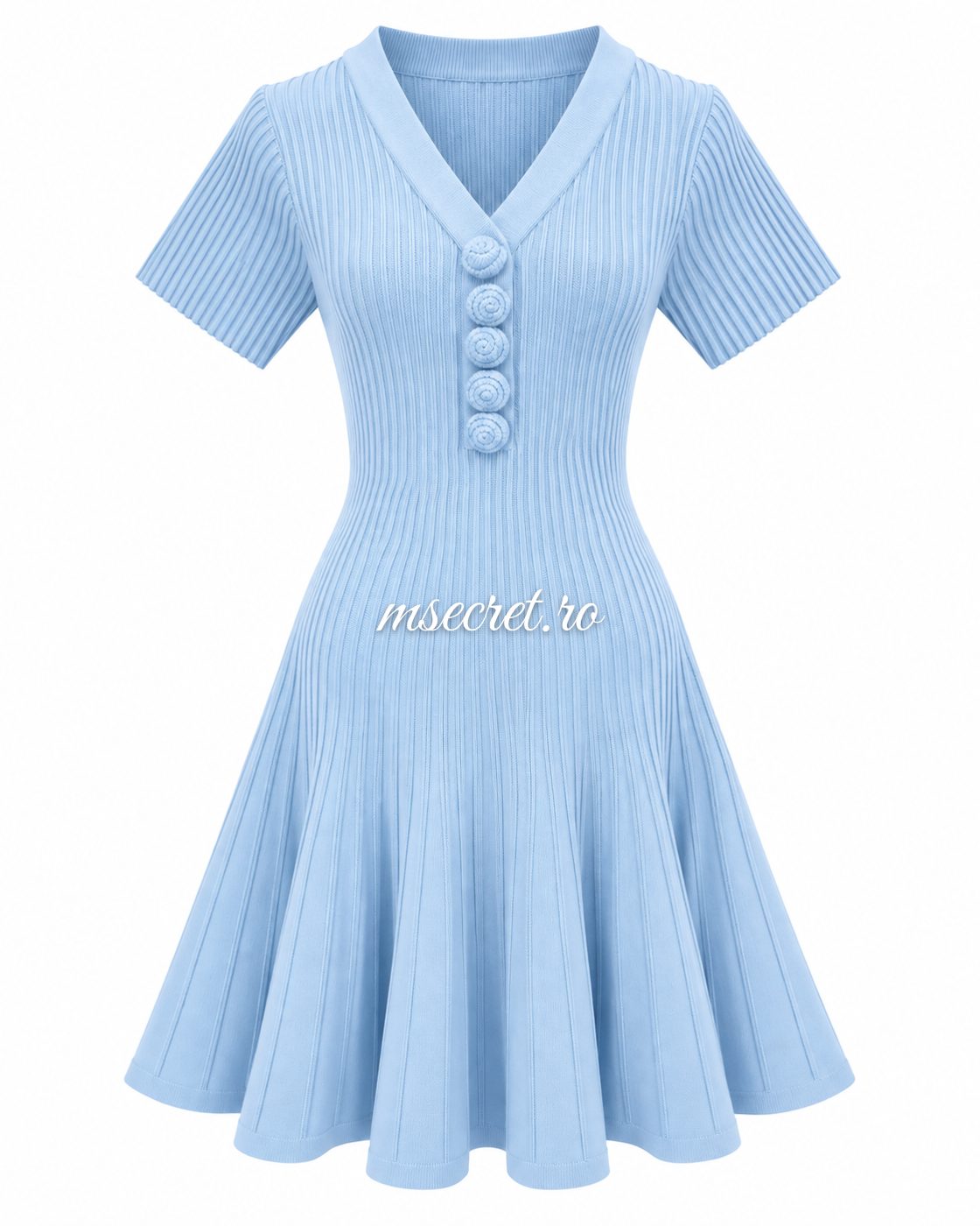 Rochie bleu din tricot cu nasturi si fusta evazata