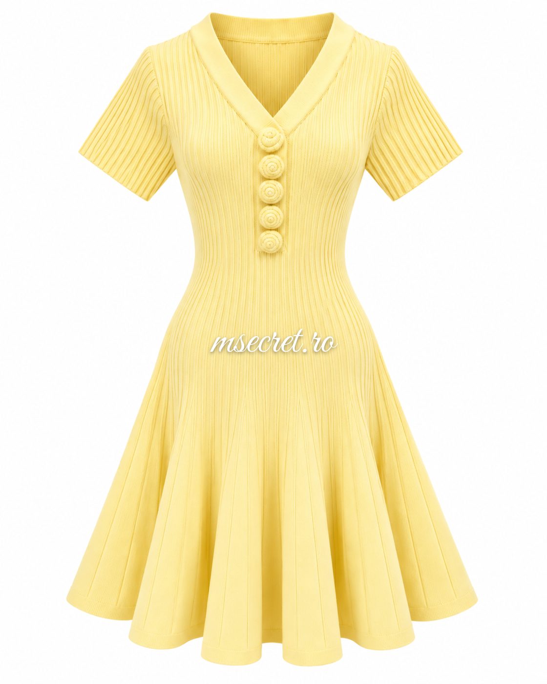 Rochie galbena din tricot cu nasturi si fusta evazata