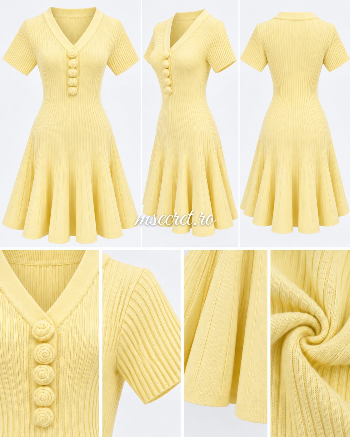 Rochie galbena din tricot cu nasturi si fusta evazata