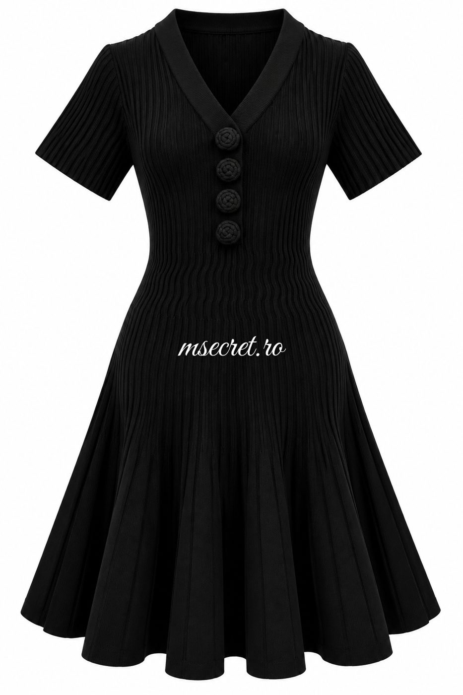Rochie neagra din tricot cu nasturi si fusta evazata