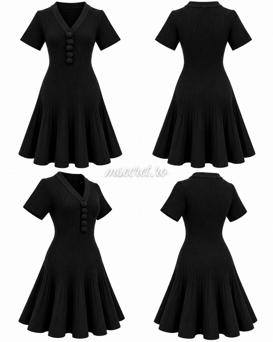 Rochie neagra din tricot cu nasturi si fusta evazata