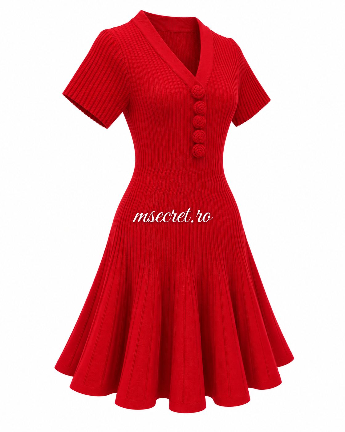 Rochie rosie din tricot cu nasturi si fusta evazata