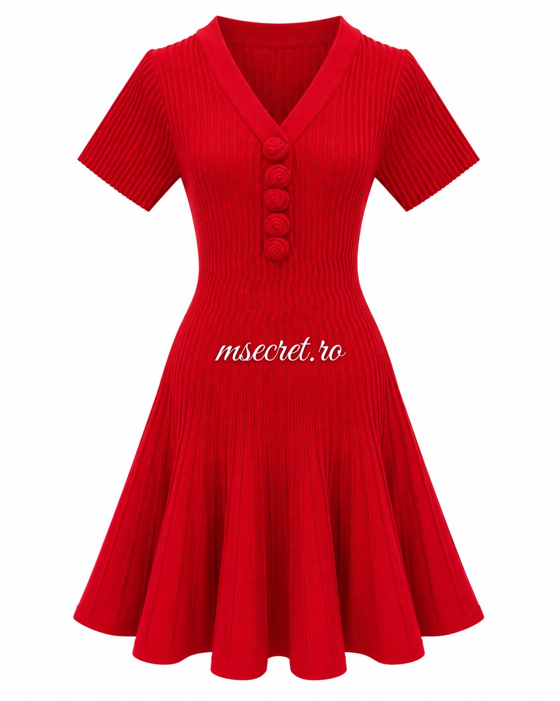 Rochie rosie din tricot cu nasturi si fusta evazata