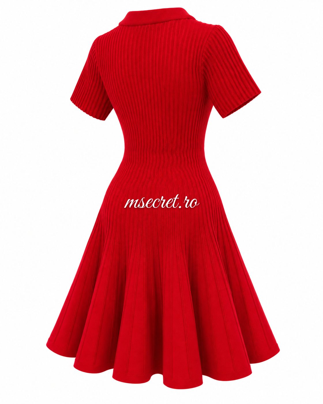 Rochie rosie din tricot cu nasturi si fusta evazata
