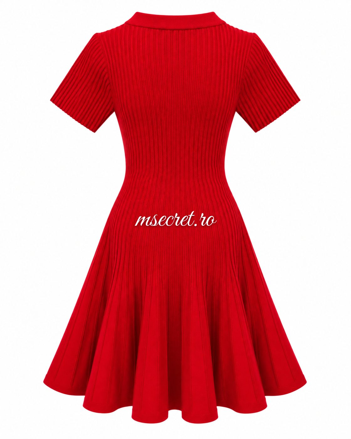 Rochie rosie din tricot cu nasturi si fusta evazata