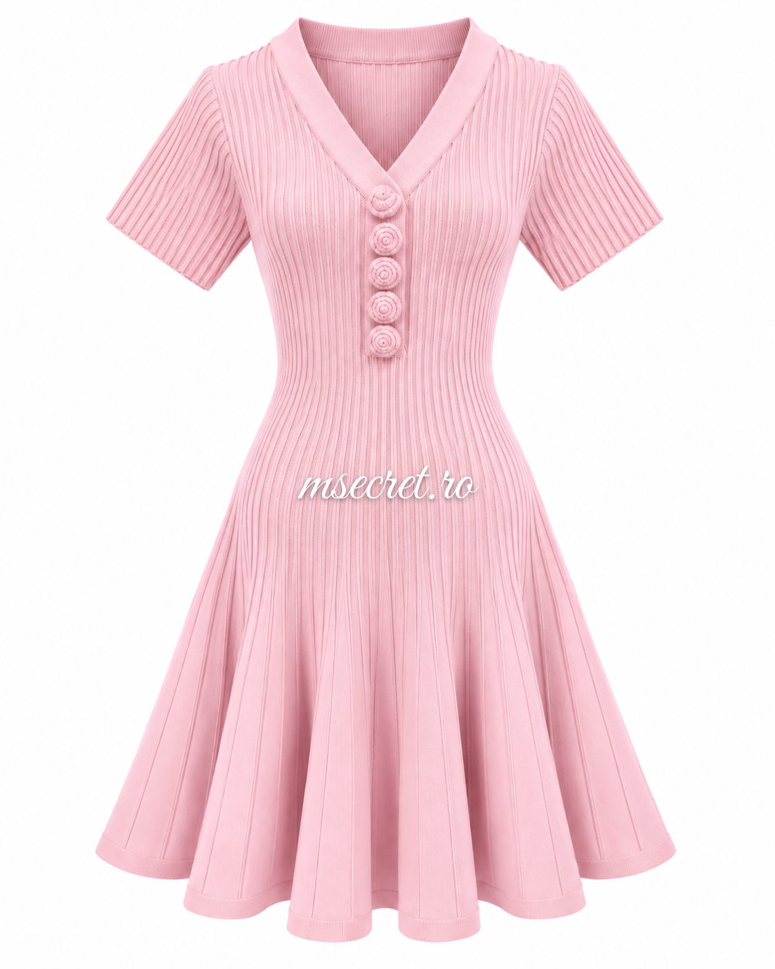 Rochie roz din tricot cu nasturi si fusta evazata