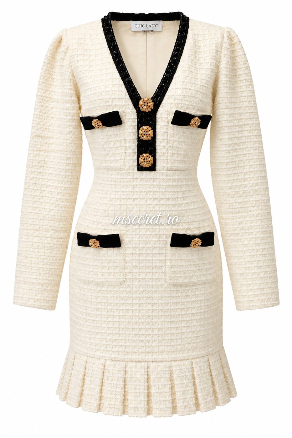 Rochie crem din tweed cu detalii aurii si insertii negre