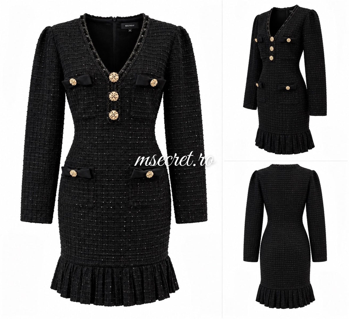 Rochie neagra din tweed cu nasturi bijuterie aurii