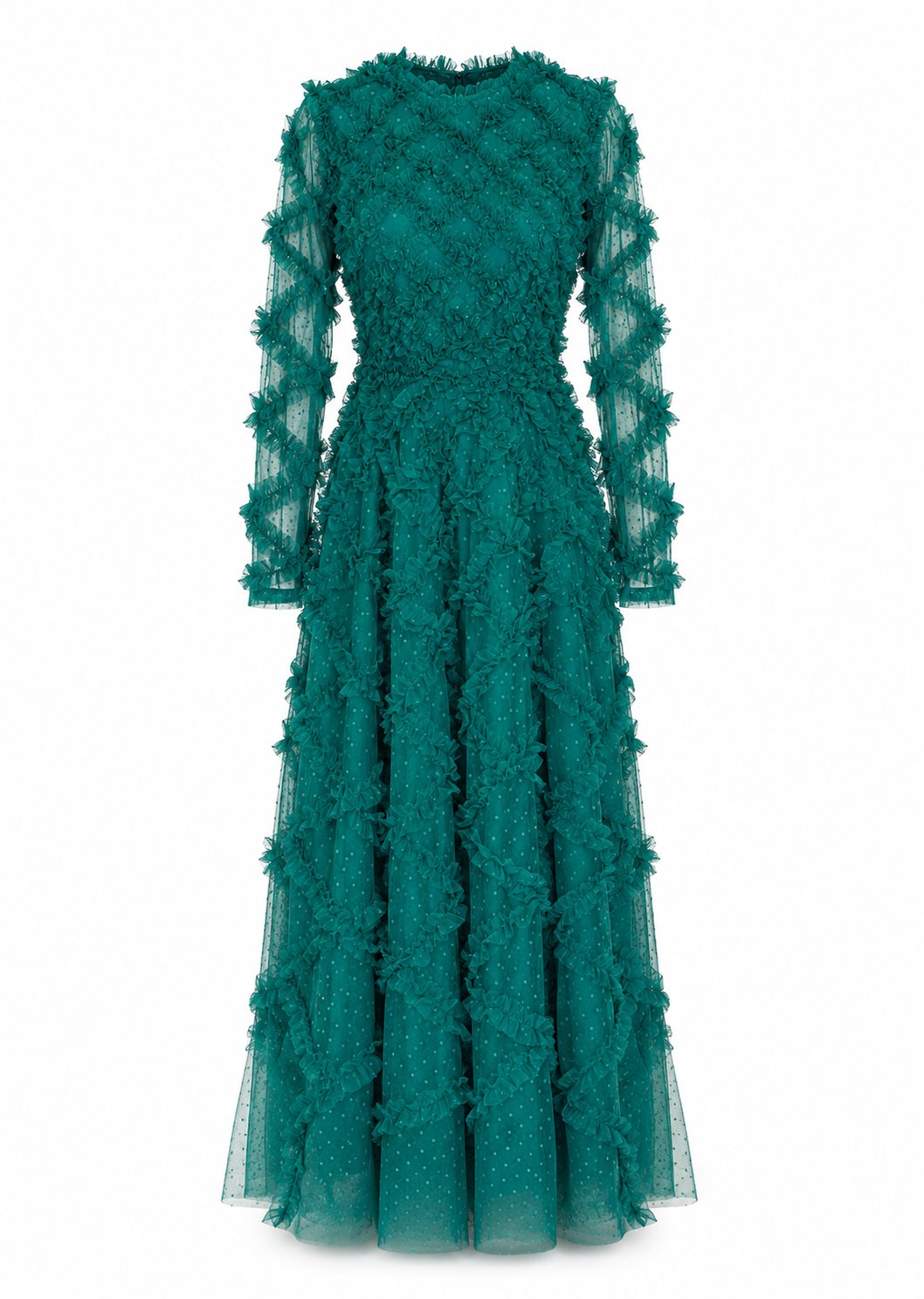 Rochie lungă verde smarald din tul cu volănașe
