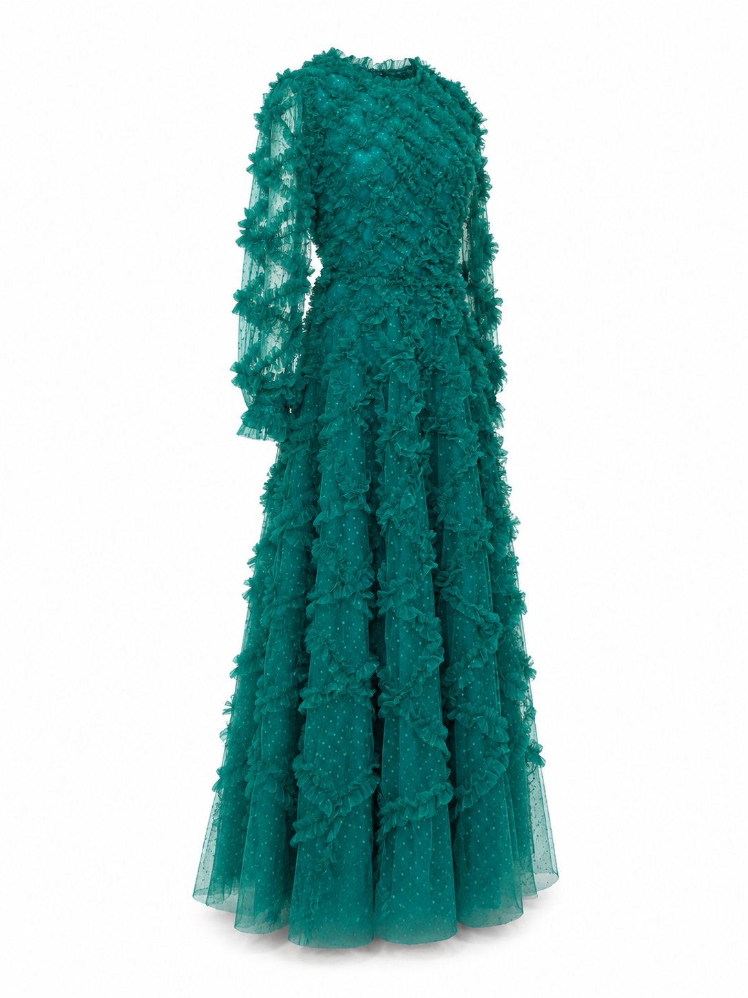 Rochie lungă verde smarald din tul cu volănașe