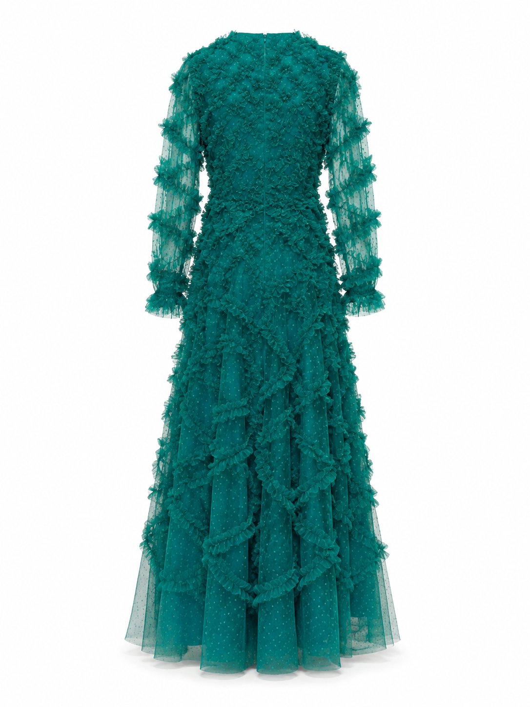Rochie lungă verde smarald din tul cu volănașe