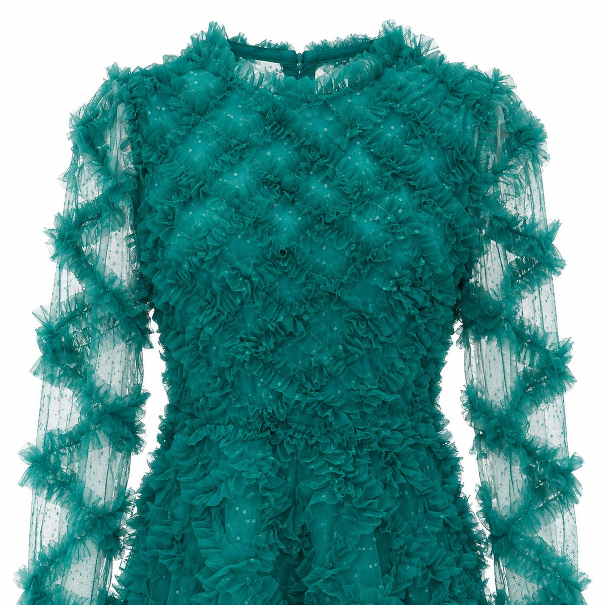 Rochie lungă verde smarald din tul cu volănașe