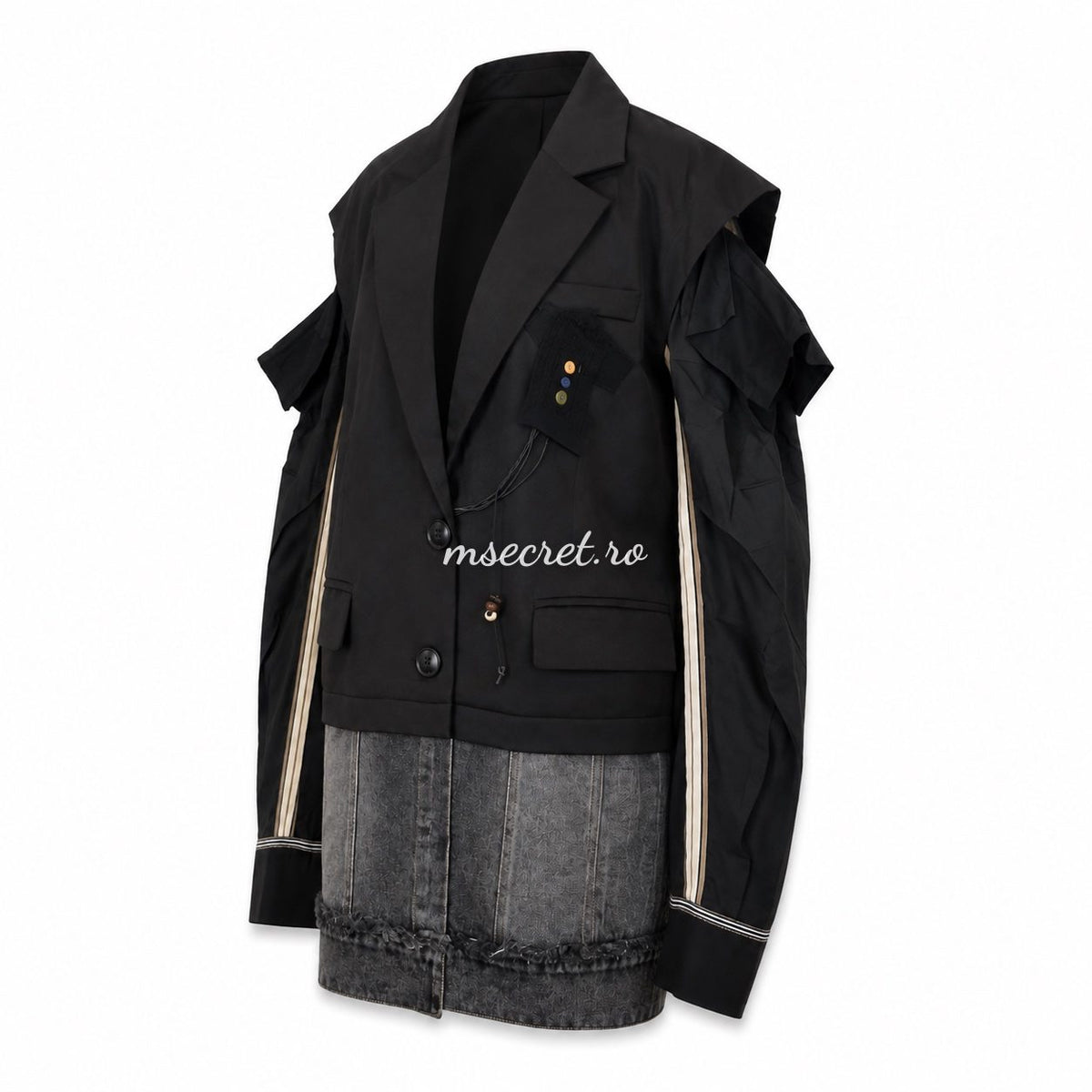 Sacou negru cu denim si dungi laterale